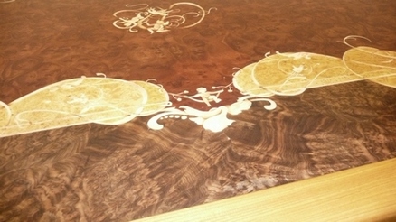 Фрагмент чайного столика, массив ясеня, маркетри из экзотических пород, авторский проект и исполнение.